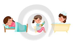 Cute Girl Character Sleeping, Playing on Tablet Computer and Bathing Vector Illustrations Set