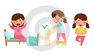 Cute Girl Character Waking Up, Cleaning Up and Doing Yoga Vector Illustrations Set