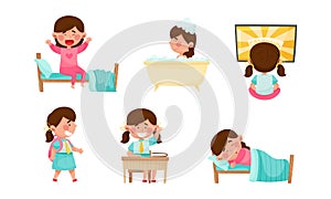 Cute Girl Character Waking Up in the Morning, Bathing, Watching Cartoons and Going to School with Backpack Vector Set