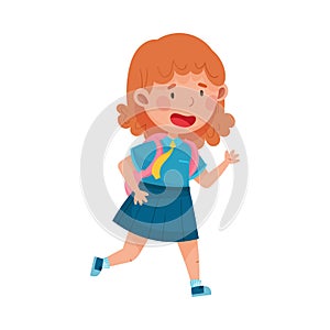 Cute Girl Character Wearing School Uniform and Backpack Running to School Vector Illustration