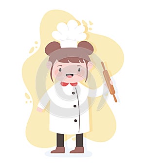 Cute girl chef cartoon character holding rolling pin kitchen utensil