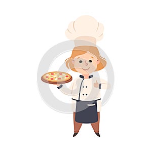 Cute Girl Chef Cook Holding Tray with Pizza, Kid in Chef Uniform Cooking in Kitchen Cartoon Style Vector Illustration