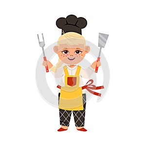 Cute Girl Chef in Toque and Apron Holding Metal Kitchen Utensils Vector Illustration