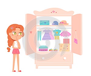 Cute girl choosing dress for fashion outfit in pink wardrobe vector illustration. Cartoon kid standing and choosing photo