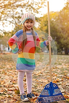 Cute girl cleaning fallen leaves with rake, outdoors.