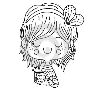 Cute girl with closed eyes holds a cup of tea