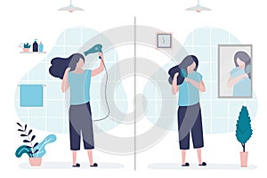 Cute girl combing her long black hair after washing. Female character dries hair with dryer