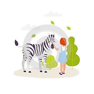 Cute girl contacting with the zebra. Colorful vector illustration in flat cartoon style. Zoo park elements isolated on
