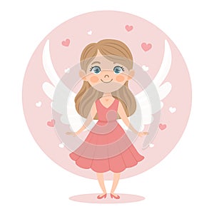 Cute girl cupid character with bow and arrow, angel girl. Valentine\'s Day card. Vector illustration in flat style