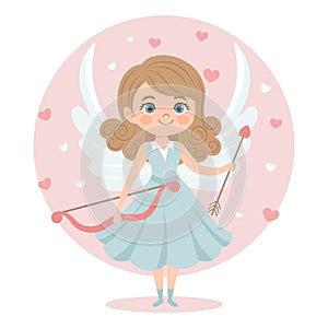 Cute girl cupid character with bow and arrow, angel girl. Valentine\'s Day card. Vector illustration in flat style