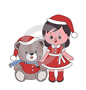 Cute Girl Cute Toy teddy bear and christmas pine tree, new year, christmas, cute, girl, child, toy, teddy bear