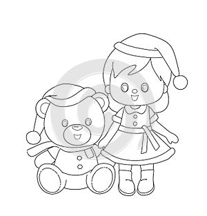 Cute Girl Cute Toy teddy bear and christmas pine tree , new year christmas santa claus hat , ,coloring page children education