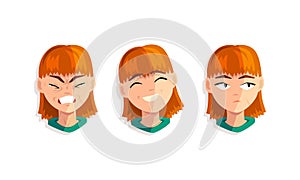 Cute Girl with Different Face Expressions Set, Cheerful, Upset, Sceptic Female Face Cartoon Vector Illustration