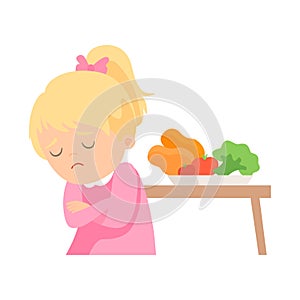 Cute Girl Does Not Want to Eat Vegetables, Kid Does Not Like Healthy Food Vector Illustration