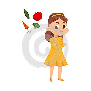 Cute Girl Does Not Want to Eat Vegetables, Kid Refusing to Try Healthy Food Cartoon Style Vector Illustration
