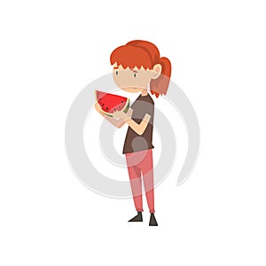 Cute Girl Does Not Want to Eat Watermelon, Child Does Not Like Healthy Food Vector Illustration Vector Illustration