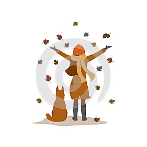 Cute girl with a dog backside view isolated vector illustration autumn fall scene