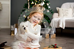 Beautiful girl with dog sitting near the Christmas tree. Merry Christmas and Happy Holidays.