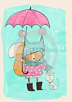 Cute girl with dog and umbrella