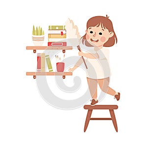 Cute Girl Doing Housework and Housekeeping Dusting Bookshelf Vector Illustration