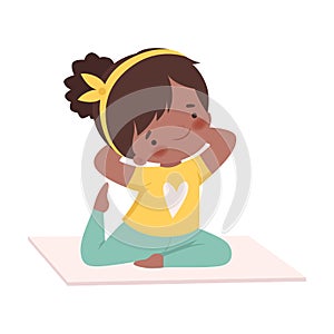 Cute Girl Doing Sport Exercise, Adorable Kid Practicing Yoga, Active Healthy Lifestyle Vector Illustration