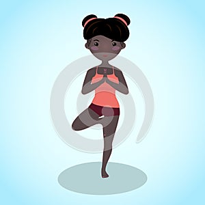 Cute girl doing yoga. Cartoon character Vriksasana