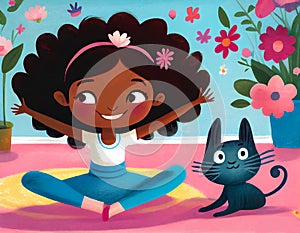 Cute girl doing yoga with her black cat. Cartoon children\'s book illustration. Generative AI
