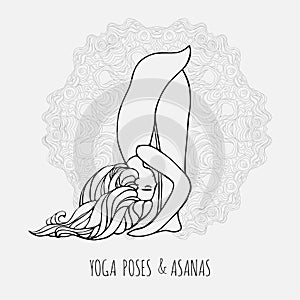 Cute girl doing yoga. Yoga poses and asanas in hand-drawn style. Woman doing yoga exercises. Yoga and relaxation, doodle