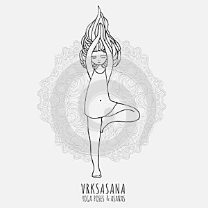 Cute girl doing yoga. Yoga poses and asanas in hand-drawn style. Woman doing yoga and relax exercises, doodle vector