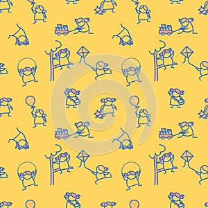 Cute girl doodle seamless pattern