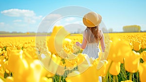 Cute girl in dress and straw hat walking in the field of yellow tulips windmill in the background. Blue sky sunlight summer day