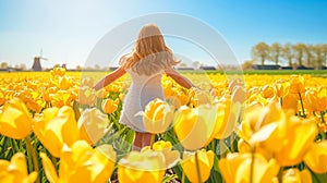 Cute girl in dress walking in the field of yellow tulips windmill in the background. Blue sky sunlight summer day