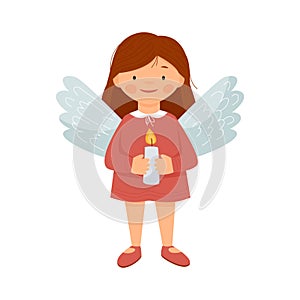 A cute girl dressed as an angel is holding a candle. Easter or christmas angel. Vector flat illustration.