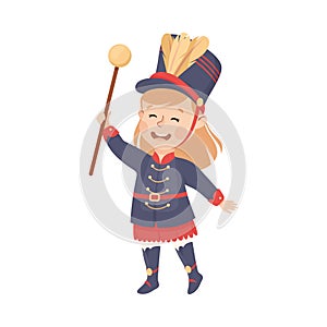 Cute girl drum major. Happy kid in traditional costume marching band parade cartoon vector illustration