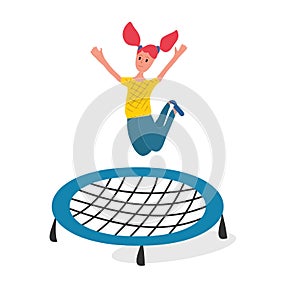 Cute girl enjoy jumping and bouncing on trampoline. Flat vector illustration