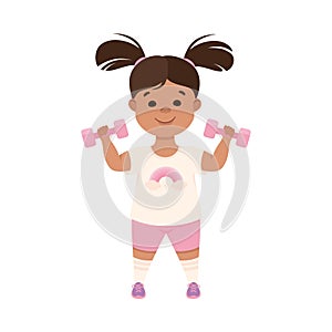 Cute Girl Exercising with Dumbbells, Kid Doing Sports, Active Healthy Lifestyle Concept Cartoon Style Vector