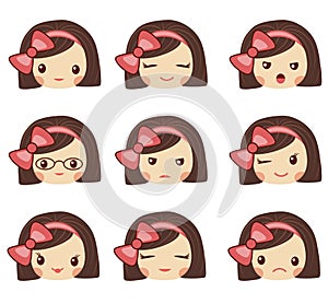 Cute girl face with red bow showing the different emotions vector illustration. Vector set of emoji and emoticons.