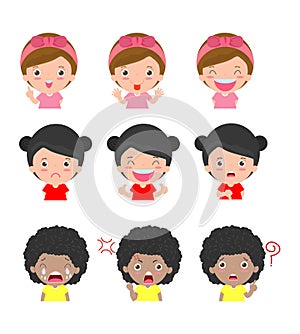 Cute girl faces showing different emotions,Set of children expressions on white background, Expression set of kids,vector