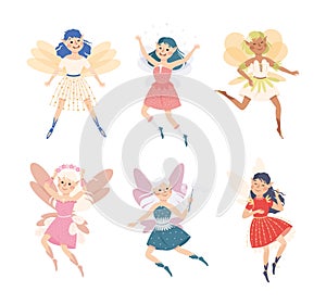 Cute Girl Fairy Flying with Wings and Magic Wand Vector Illustration Set