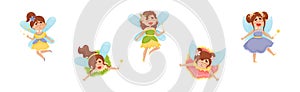 Cute Girl Fairy with Magic Wand Flying with Wings Vector Set.