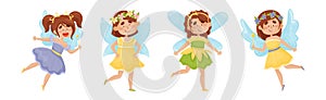 Cute Girl Fairy with Magic Wand Flying with Wings Vector Set.