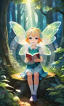 Cute girl fairy in magical forest reading book