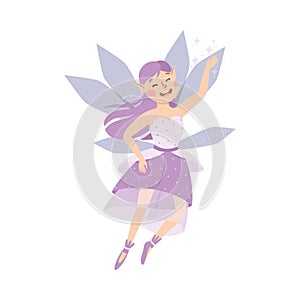 Cute Girl Fairy with Purple Hair Flying with Wings Vector Illustration