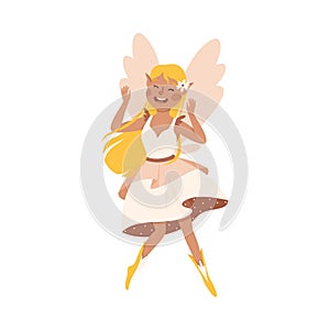 Cute Girl Fairy with Yellow Hair Flying with Wings Vector Illustration