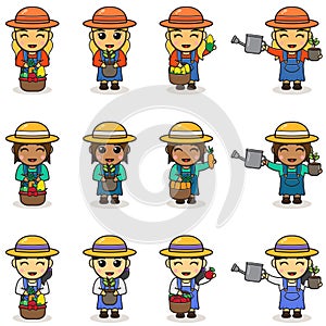 Cute Girl farmer vector design with watering can, plant and vegetables.