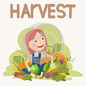 A cute girl with a fashionable haircut and pink hair sitting near a huge pile of various fresh vegetables