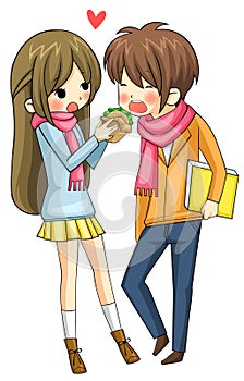 Cute girl is feeding hamburger to her boyfriend