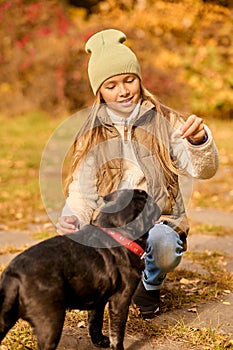 A cute girl feeding her dog in the park