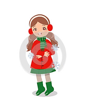 Cute girl feeling chill in winter season. Children clip art.