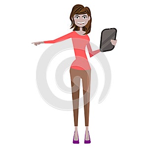 Cute girl in a flat style pointing and holding tablet in the hand. Vector illustration